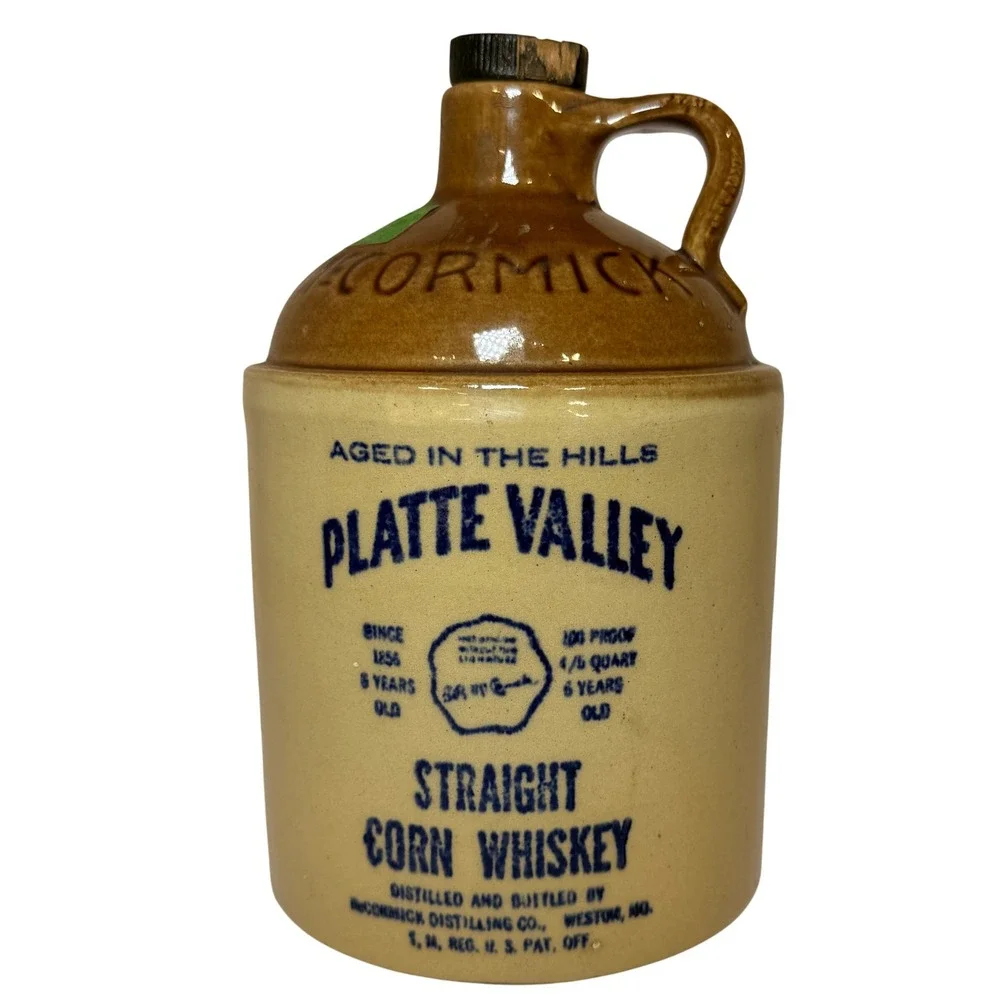 Vtg McCormick Platte Valley Straight Corn Whiskey Stoneware Jug 4/5 Quart *EMPTY